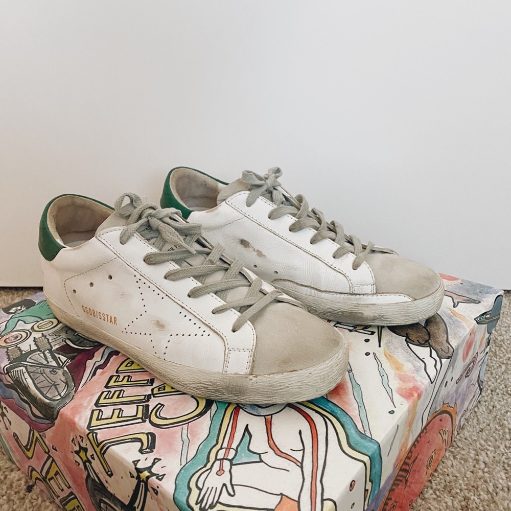 Golden Goose White and Green Superstar Sneakers